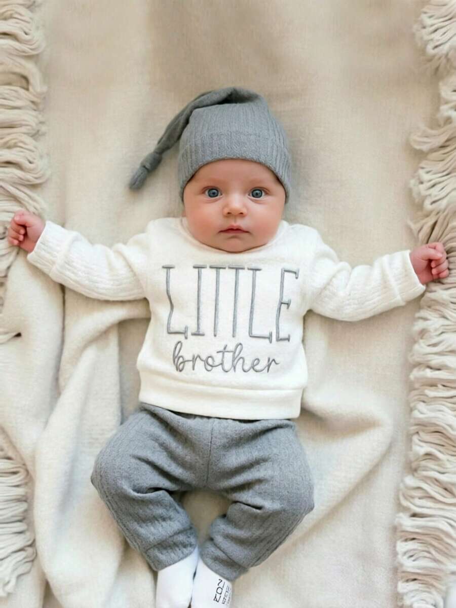 SHEIN 3pcs Baby Boy Little Brother Cute Casual Letter Graphic Ribbed Long Sleeve Top Soft Thick 2 Pieces Sets Outfit Sweat Pants Fall Clothes Autumn Winter - Multicolor - View 1