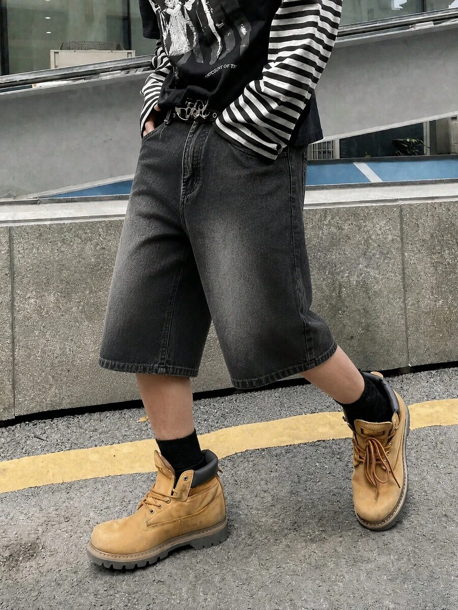 Manfinity EMRG 男士休閒街頭風水洗寬腿牛仔短褲 寬腿牛仔短褲 寬鬆牛仔短褲 灰色 夏季 約會晚餐穿搭 - 深灰色 - 查看 1