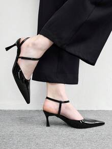 CUCCOO BIZCHIC 女款雙帶式交叉漆皮後扣涼鞋，尖頭細高跟鞋，極簡黑色亮面通勤高跟鞋 - 極夜黑 - 查看 3
