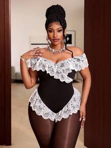 Maweii Bodysuit Seksi Elegan Model Off-Shoulder dengan Patchwork Renda Ukuran Plus untuk Kencan Malam Bersama Teman Wanita, Warna Hitam, Musim Panas - Hitam dan Putih - View 5