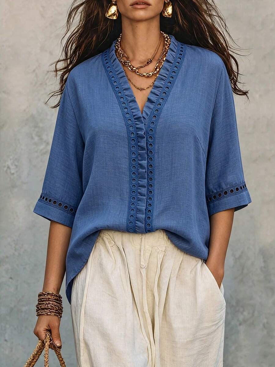 Linhara CURVE Plus-Size Women's Casual Office Wear Autumn Blouse - Blue - View 1
