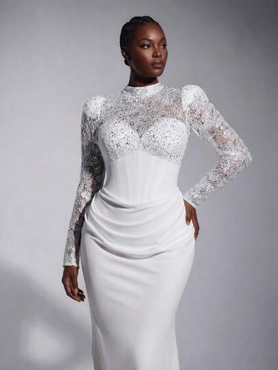 Elitara Plus Size Elegant Fashion Vintage Beaded Lace Patchwork Elastic Knit Fabric Stand Collar Long Sleeve Cinched Waist, Abdominal Ruched Design Mermaid Tail Train Long Dress Suitable For Formal Evening Party, Bachelorette Party, Wedding Event, Bridal Gown