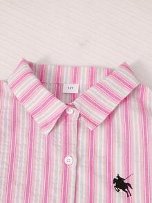 Genkimix Kids Teen Girls 3-Piece Set: Gentle & Fresh Spring/Summer Peach Pink & Blue Striped Pony Print Lightweight Shirt, All-Match Versatile Camisole, And Solid Color Straight Wide Leg Long Pants - Pink - View 3