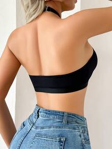 SHEIN Sujetador de cuello halter de unicolor con corte delantero y empalme de malla para mujer - Negro - Ver 2