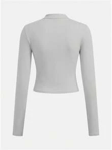 SHEIN 兒童青少年女孩休閒純色咖啡棕長袖上衣與喇叭褲兩件套 - 灰色 - 查看 5