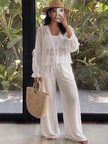 SHEIN CURVE+ Plus Size Women's Short Sheer Loose Lantern Sleeve Solid Color Mesh Cardigan - White - View 6