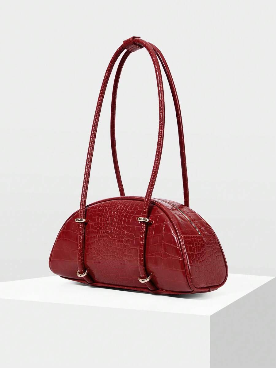 MOTF WOMEN'S FASHION RETRO BURGUNDY CROCODILE PATTERN SHOULDER BAG, SIMPLE AND CHIC HALF-MOON BAG, FOR DAILY, COMMUTING, SHOPPING, TRAVEL, FESTIVALS - Burgundy - View 2