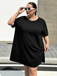 SHEIN CURVE+ 大尺碼音樂節 T-shirt，休閒街頭風寬鬆圓領，夏季 22W 早午餐度假外出黑色 - 黑色 - 查看 4