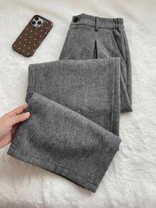 Comfortcana Plus Size Solid Color Button Closure Casual Wide Leg Pants With Belt In Fall/Winter - Black and White - View 7