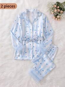 Set Piyama Santai Modis untuk Anak Perempuan Remaja: Atasan Lengan Panjang Berkerut dengan Kerah Berlekuk dan Lengan Sutra Motif Pita dan Hati Biru - MultiWarna - View 1