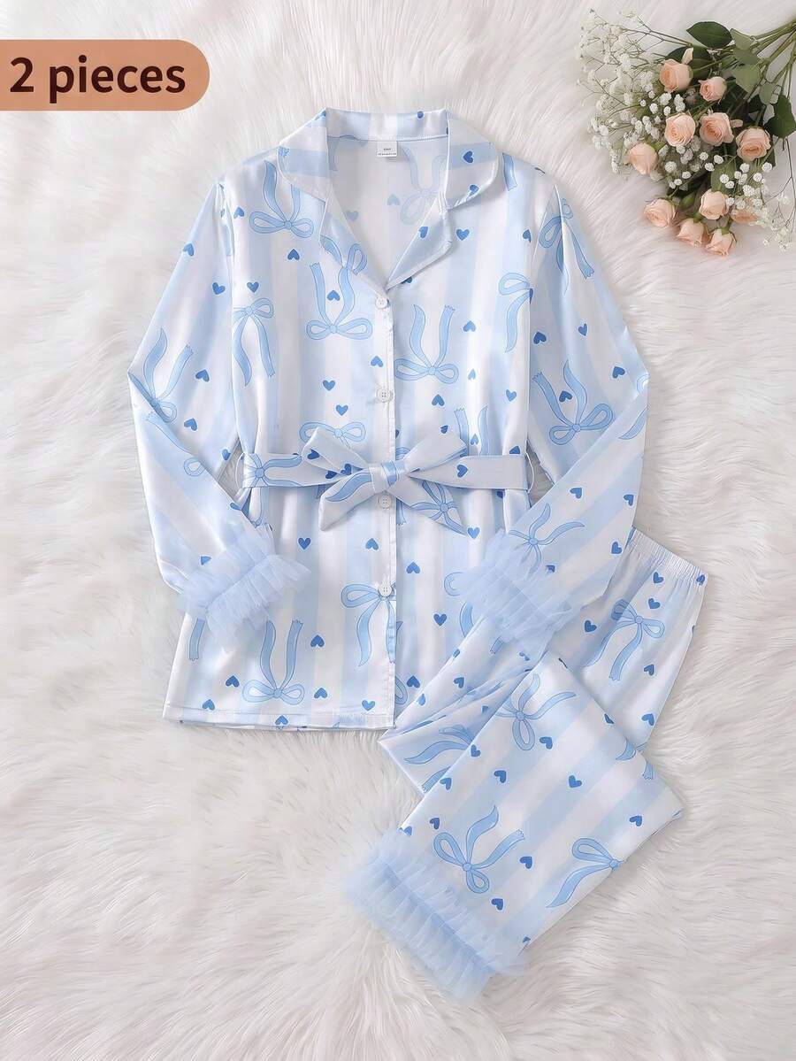 Set Piyama Santai Modis untuk Anak Perempuan Remaja: Atasan Lengan Panjang Berkerut dengan Kerah Berlekuk dan Lengan Sutra Motif Pita dan Hati Biru - MultiWarna - View 1