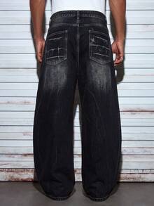 Modcrash 男士黑色寬鬆牛仔褲，閃電刮痕做舊水洗，時尚休閒寬腿復古牛仔褲，適合送給丈夫的秋季/秋冬禮物 - 純黑 - 查看 3