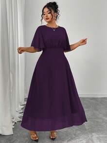 Modelyn Women's Plus Size Elegant Spring/Summer Round Neck Ruffle Bell Sleeve Fitted Drape Chiffon Dress - Purple - View 3
