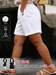 SHEIN CURVE+ 大码女式夏季休闲度假日常通勤纯色弹力腰侧口袋宽松短裤 - 白色 - 查看 1