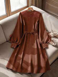GlowEve CURVE Plus Size Solid Color Round Neck Elegant 3D Floral Pleated Long Sleeve Dress Fall - Brown - View 2