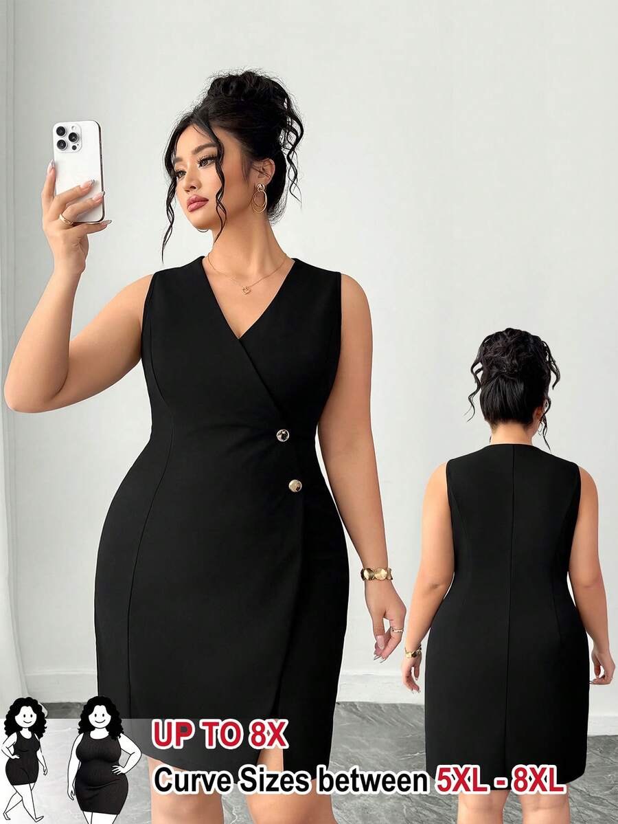 SHEIN CURVE+ Plus Size Women Solid Color Side Button Design Split Hem Sleeveless Dress - Black - View 1
