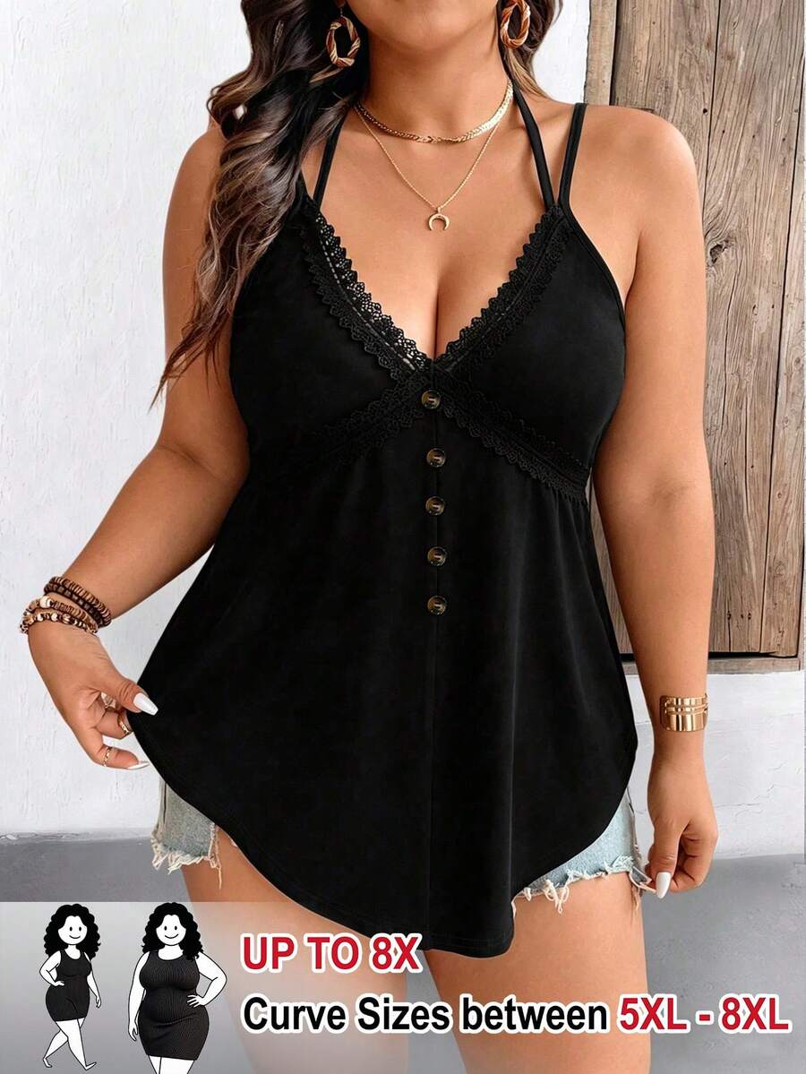 SHEIN CURVE+ 大码百搭撞色蕾丝木扣弧形下摆吊带背心 - 黑色 - 查看 1