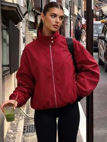 Avenya Hoodie Windbreaker Minimalis Kasual Kerah Tegak Resleting Logam Warna Polos Merah Tua untuk Kerja Sehari-hari Musim Gugur/Dingin - Burgundy - View 4