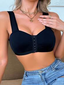 SHEIN Elacene 女士纯色简约休闲褶皱前扣宽肩带文胸 - 黑色 - 查看 4