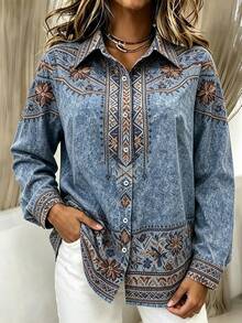 SHEIN LUNE CURVE Blus Wanita Ukuran Besar Motif Tenun Musim Panas Musim Gugur - Biru - View 3