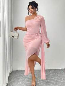 Elenzga Plus Size Women's Fashion Romantic Elegant One-Shoulder Bandeau Single Lantern Long Sleeve Ruched Asymmetrical Waist Ribbon Handmade 3D Floral Dress, Suitable For Daily Wear, Dating, Gathering, Party, Wedding - Pink - View 5