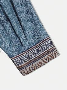 SHEIN LUNE CURVE Blus Wanita Ukuran Besar Motif Tenun Musim Panas Musim Gugur - Biru - View 5