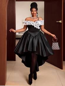 Maweii Bodysuit Seksi Elegan Model Off-Shoulder dengan Patchwork Renda Ukuran Plus untuk Kencan Malam Bersama Teman Wanita, Warna Hitam, Musim Panas - Hitam dan Putih - View 3