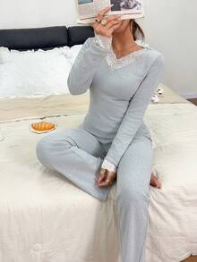 Napfluff Women's Comfortable V-Neck Modal & Contrast Lace Fitted Pajama Set - Grey - View 5