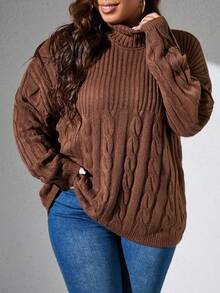 SHEIN CURVE+ Plus Turtleneck Cable Knit Drop Shoulder Sweater, For Winter Knit Pullover Fall Autumn - Brown - View 6