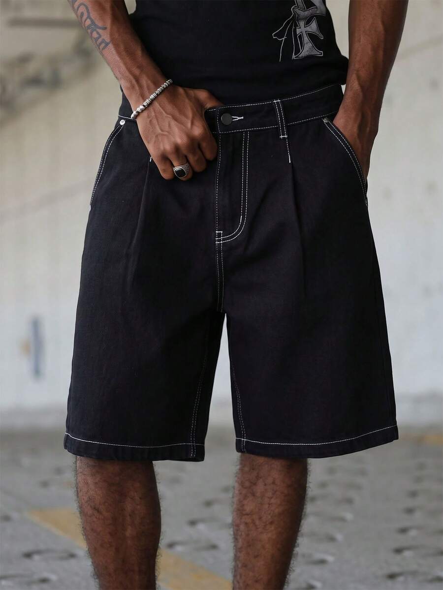 Manfinity Roghcode Celana Pendek Denim Kasual Pria - Hitam - View 1