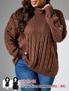 SHEIN CURVE+ Plus Turtleneck Cable Knit Drop Shoulder Sweater, For Winter Knit Pullover Fall Autumn - Brown - View 1