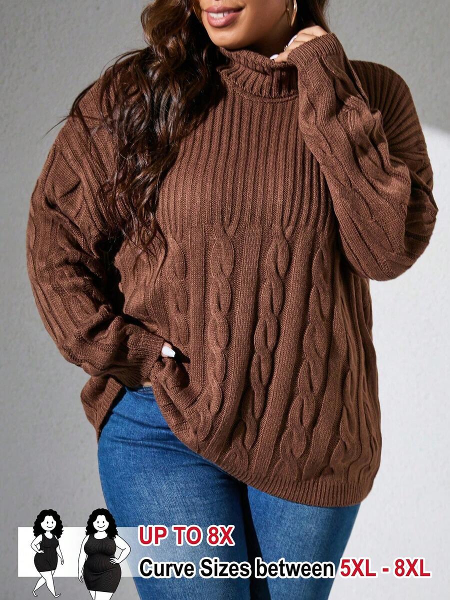 SHEIN CURVE+ Plus Turtleneck Cable Knit Drop Shoulder Sweater, For Winter Knit Pullover Fall Autumn - Brown - View 1