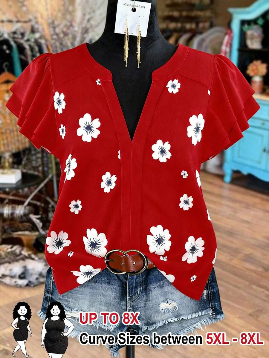 SHEIN CURVE+ Plus Size Women Summer Casual Floral Print Cap Sleeve Blouse Vacation Red - Red - View 1