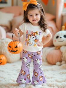 SHEIN Playful Pals 2件組女嬰休閒可愛日系萬聖節幽靈臉南瓜圖案短袖圓領T恤與鬆緊腰喇叭長褲套裝 - 紫色 - 查看 4