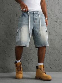 Manfinity EMRG Men's Street Style Casual Multi-Pocket Embroidered Workwear Blue Denim Shorts - Light Wash - View 8