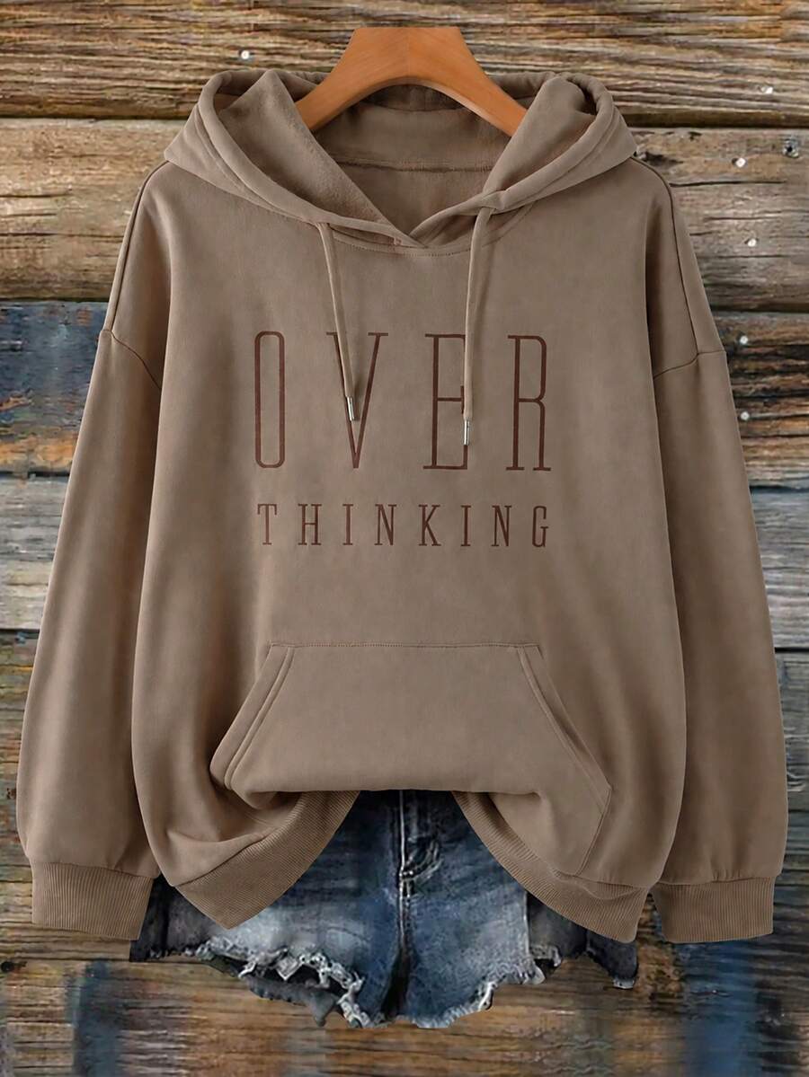 SHEIN CURVE+ Plus Size Minimalist Versatile Letter Embroidered Long Sleeve Pocket Sweatshirt - Brown - View 1