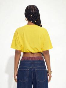 Gowayae Gowayae Women's American Vintage Brazil Letter Print Yellow Ruched Waist Short Sleeve T-Shirt - Yellow - View 3
