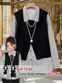 SHEIN CURVE+ Plus Size Women's Patchwork Striped Long Sleeve Casual Loose Fit Shirt - Multicolor - View 1