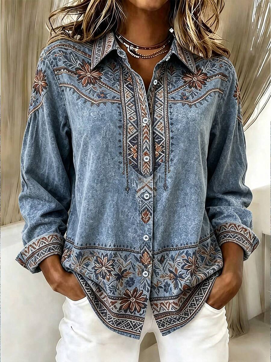 SHEIN LUNE CURVE Blus Wanita Ukuran Besar Motif Tenun Musim Panas Musim Gugur - Biru - View 1