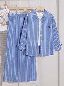 SHEIN 青少年女孩 3件套條紋襯衫與寬腿褲套裝，復古、返校、寬鬆、極簡、度假、秋季藍色套裝，韓系女裝 - 藍色 - 查看 3