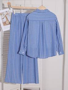 SHEIN 青少年女孩 3件套條紋襯衫與寬腿褲套裝，復古、返校、寬鬆、極簡、度假、秋季藍色套裝，韓系女裝 - 藍色 - 查看 2