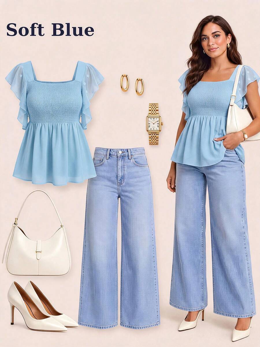 SHEIN CURVE+ بلوزة كاجوال نسائية مقاس كبير بياقة مربعة وأكمام متطايرة بتصميم منحنح - الأزرق - مشاهدة 1