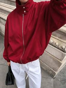 Avenya Hoodie Windbreaker Minimalis Kasual Kerah Tegak Resleting Logam Warna Polos Merah Tua untuk Kerja Sehari-hari Musim Gugur/Dingin - Burgundy - View 3