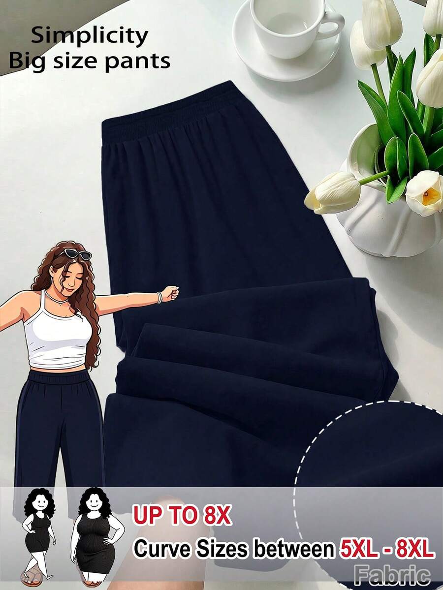 SHEIN CURVE+ 大尺碼女款休閒彈性腰針織七分褲 - 藏蓝色 - 查看 1