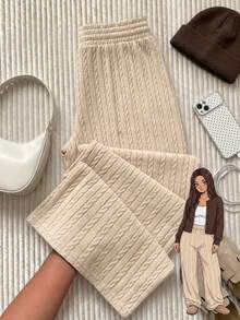 Comfortcana Plus Size Casual Versatile Solid Color Textured Long Pants - Cream - View 1