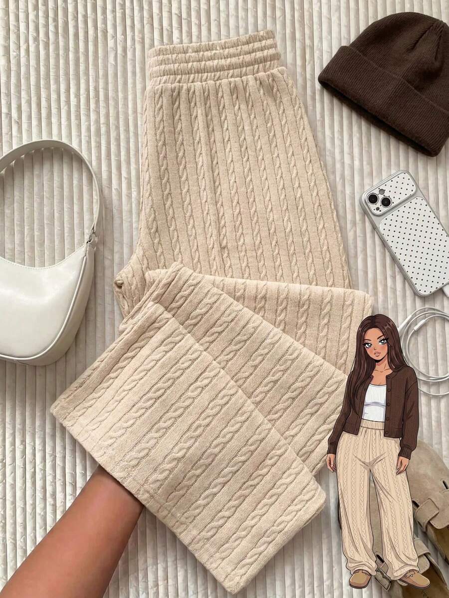 Comfortcana Plus Size Casual Versatile Solid Color Textured Long Pants - Cream - View 1