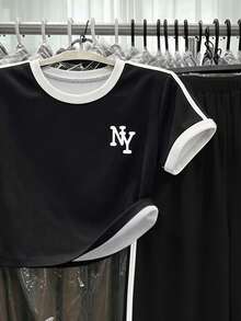 黑色青少年女孩休閒舒適運動風拼色字母NY上衣與拼色休閒寬鬆長褲套裝，適合秋季日常穿著，秋季新款，返校、校園、運動、外出、街頭穿搭 - 彩色 - 查看 4