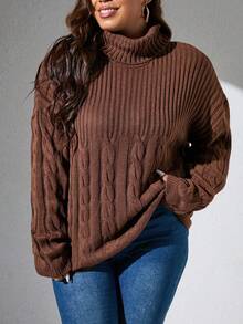 SHEIN CURVE+ Plus Turtleneck Cable Knit Drop Shoulder Sweater, For Winter Knit Pullover Fall Autumn - Brown - View 4
