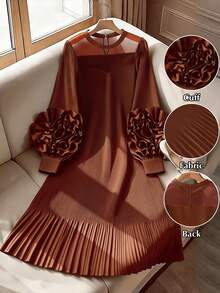 GlowEve CURVE Plus Size Solid Color Round Neck Elegant 3D Floral Pleated Long Sleeve Dress Fall - Brown - View 1