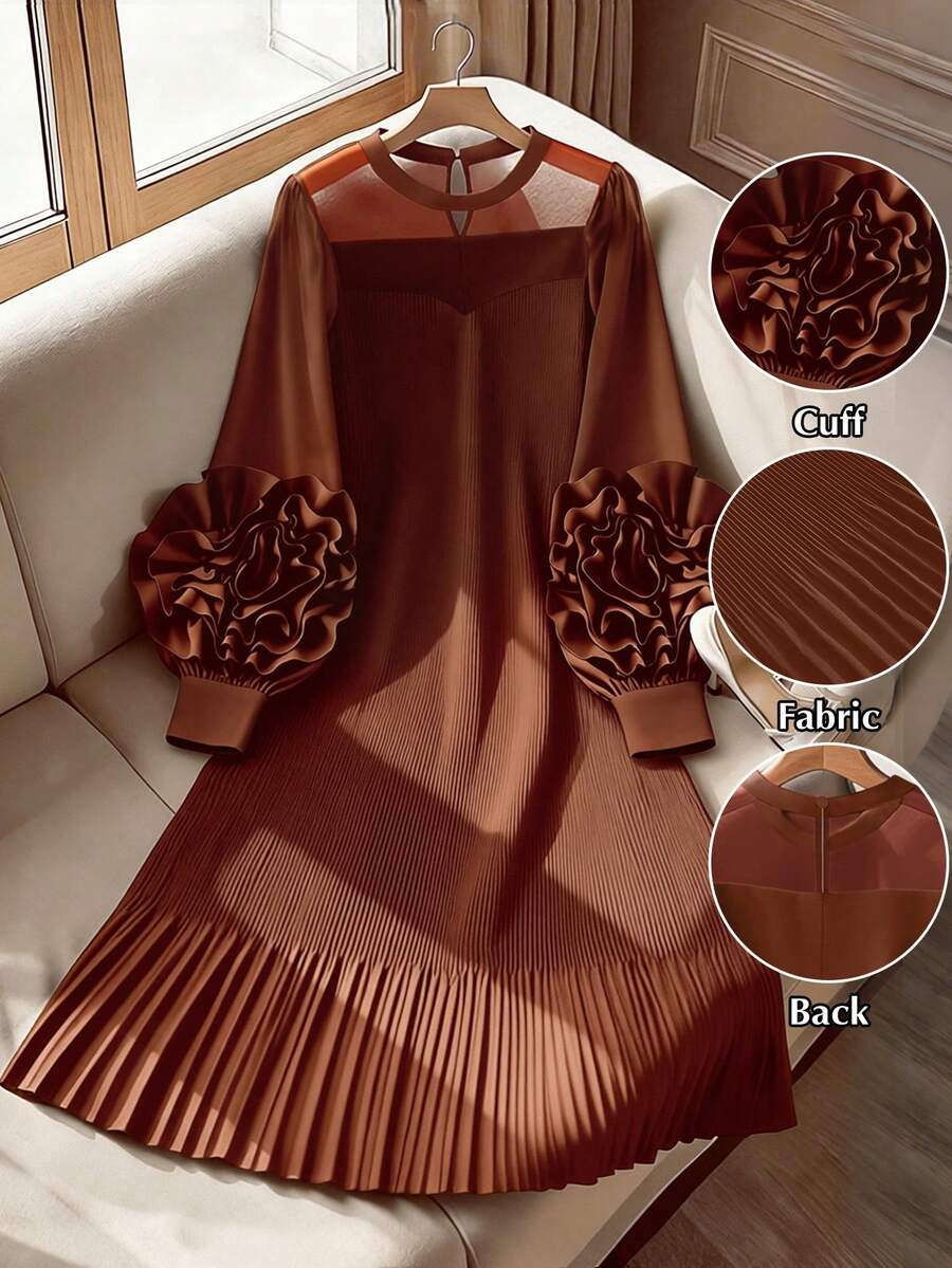 GlowEve CURVE Plus Size Solid Color Round Neck Elegant 3D Floral Pleated Long Sleeve Dress Fall - Brown - View 1
